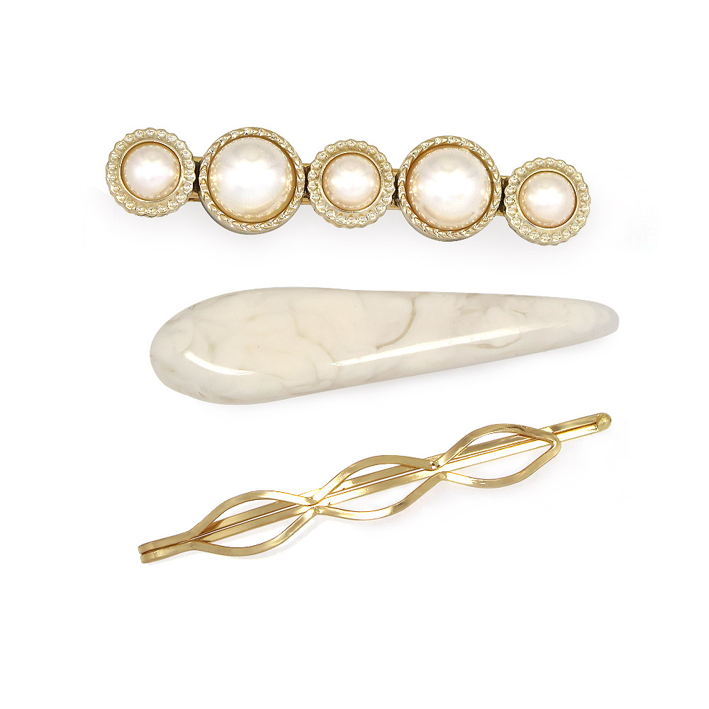 Ivory, Pearl Hair, Metal Hollow Clips Set